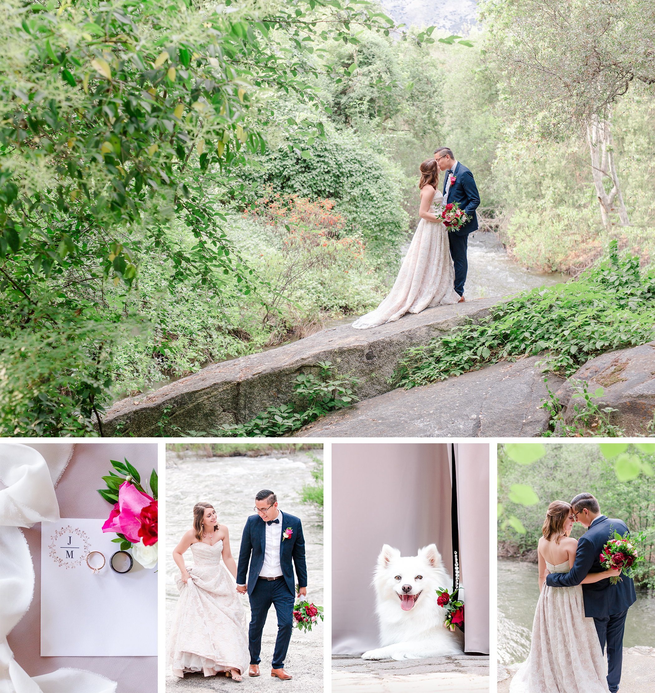 Blog header Picture | Mountain side Picture of Bride and Groom. Pictures with rings, white dog ring bearer, and more bride and groom pictures | The White Horse Inn Wedding Photos | Three Rivers, CA | Laura Tavarez | Melissa and Juan