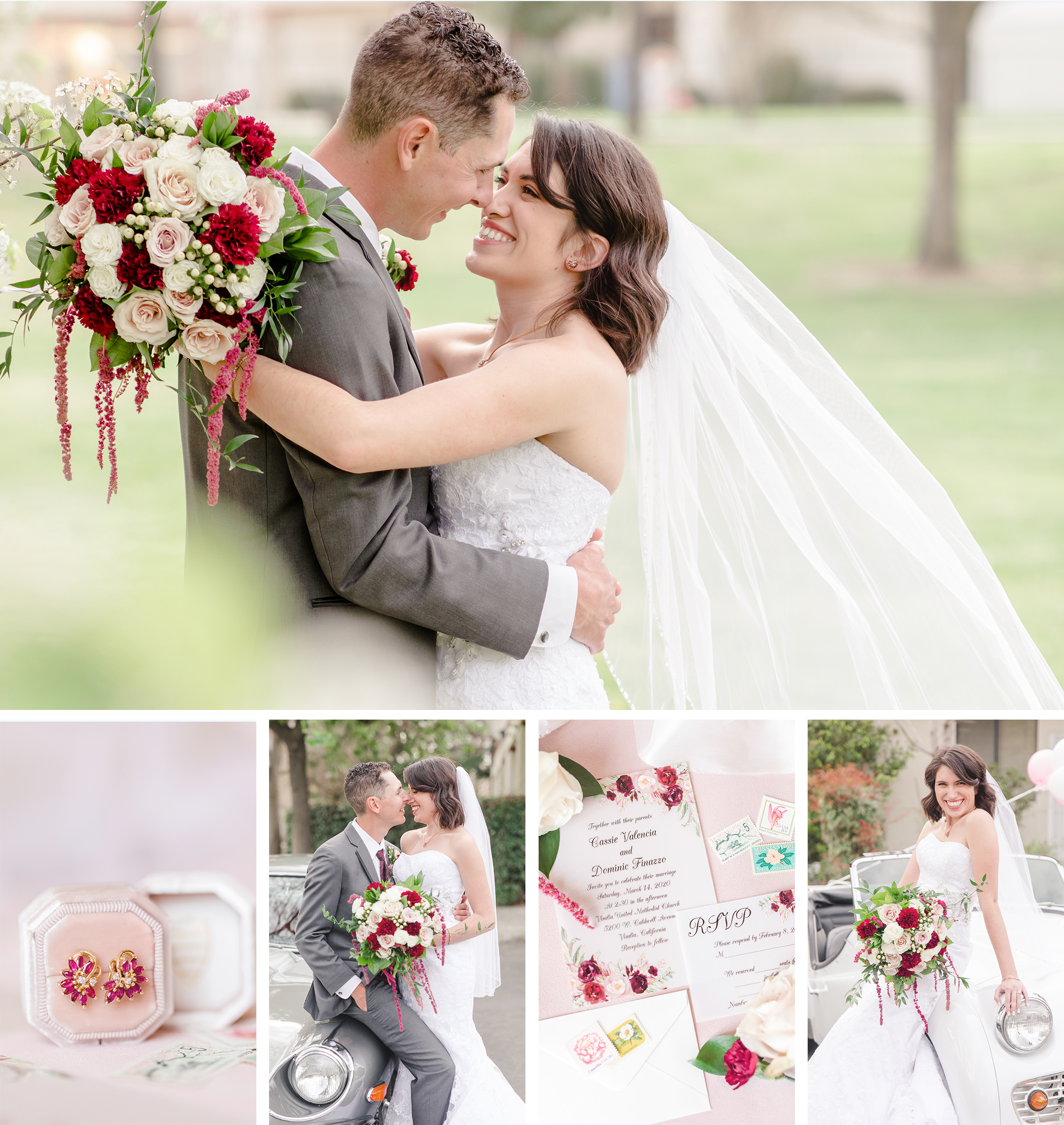Bride & Groom embracing under a tree with her veil flying | Ruby earrings | old Jaugar car with bride and groom | Dusty rose and Burgundy roses Invitiation Suite