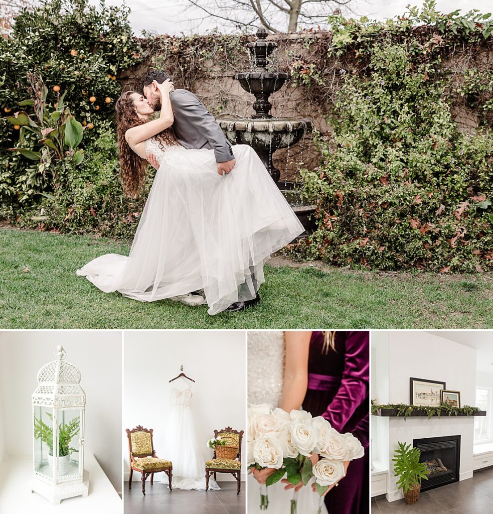 Winter Backyard Wedding | Visalia, CA | Bride & Groom | White Roses | White latern with fern | Wedding Dress with antique chairs | Fireplace with christmas fair