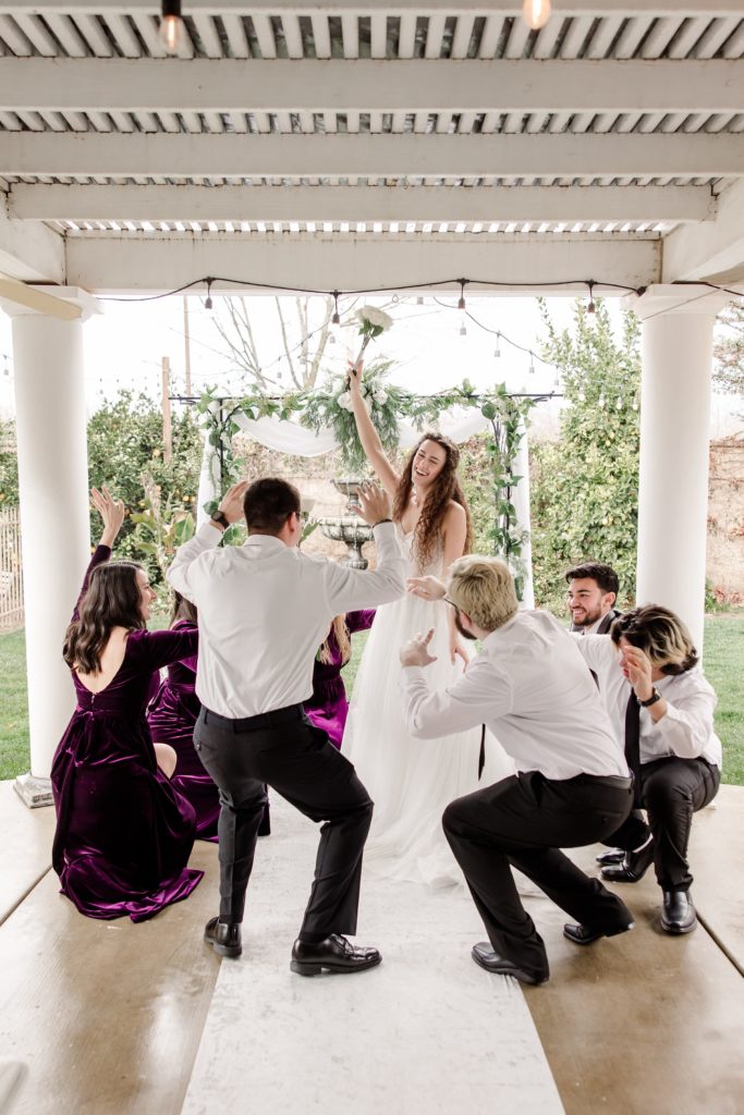 Backyard Wedding | Visalia, CA | Frank & Kelsey | Winter Wedding | White Long Stem Roses | Plum Velvet Dresses | Rainy Wedding Day