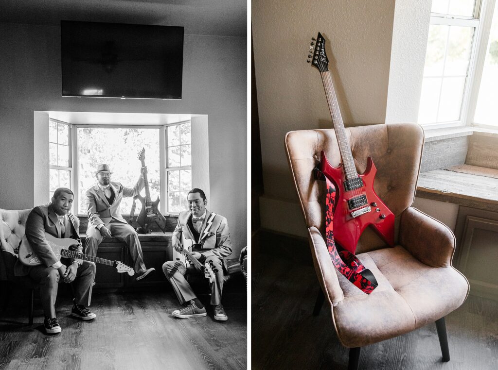 grooms and groomsmen with guitars
