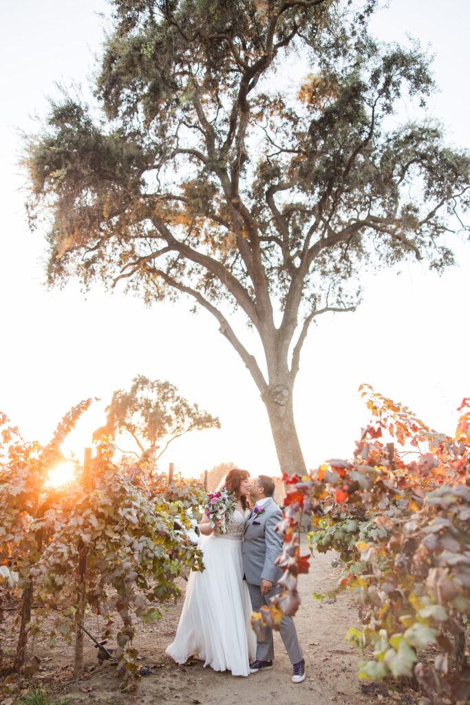 Bride and Groom in Vineyard at Grangeville Oaks |Grangeville Oaks | Lemoore Wedding | Barn Wedding | Fall Wedding | Shelley Ann Events | Plum & Sage | Light up the Walls | Live Band | 
